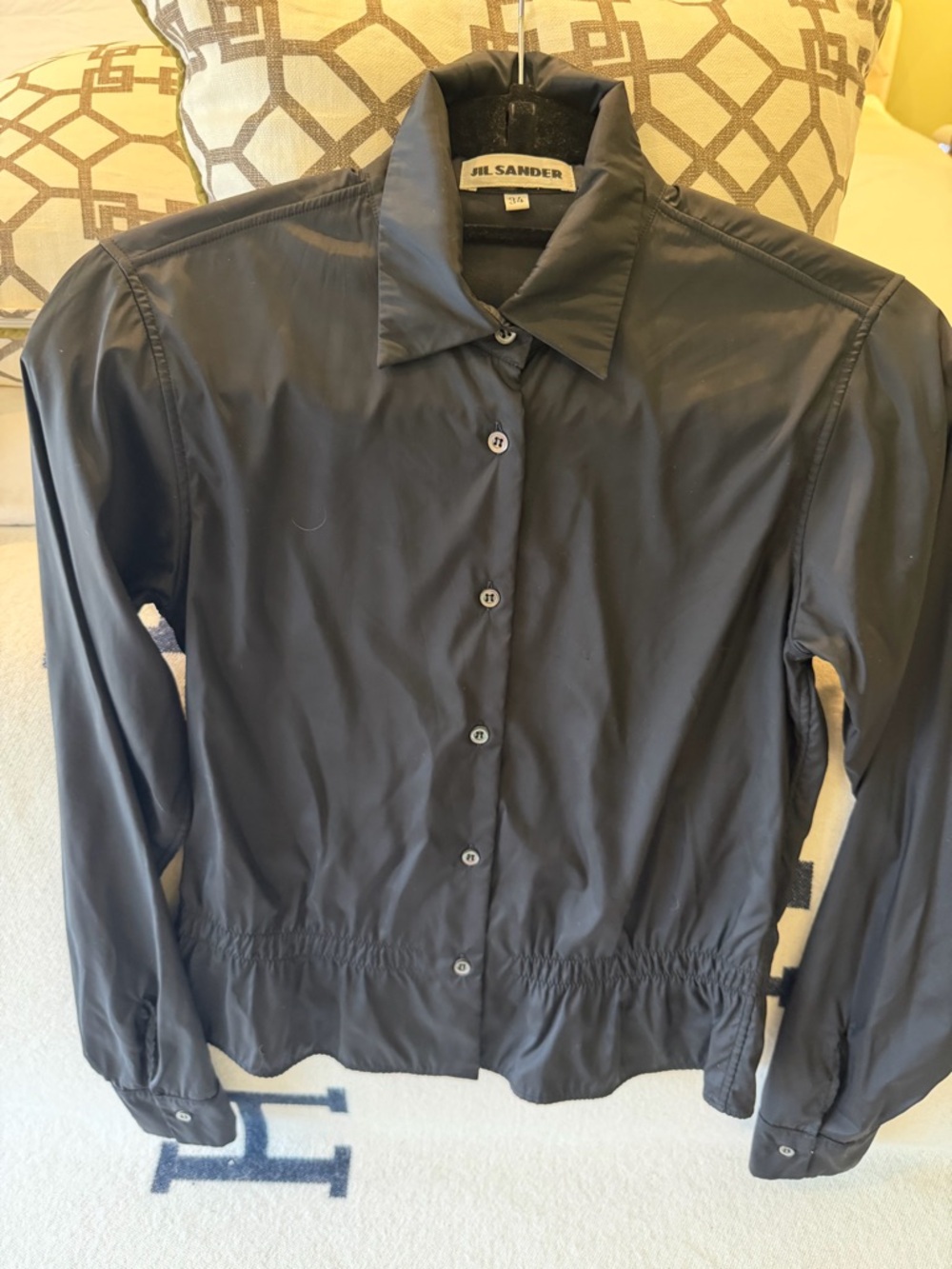 Jil Sander Black Button-Front Collared Nylon Blouse Gathered Waist - Picture 6 of 8